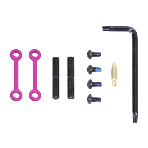 Anodized pink AR-15 anti-rotation trigger/hammer pin set with tools.