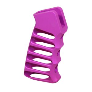 Lightweight purple skeletonized aluminum pistol grip for enhanced handling and style.