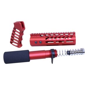 Red anodized AR .308 pistol furniture set featuring advanced mechanical components.