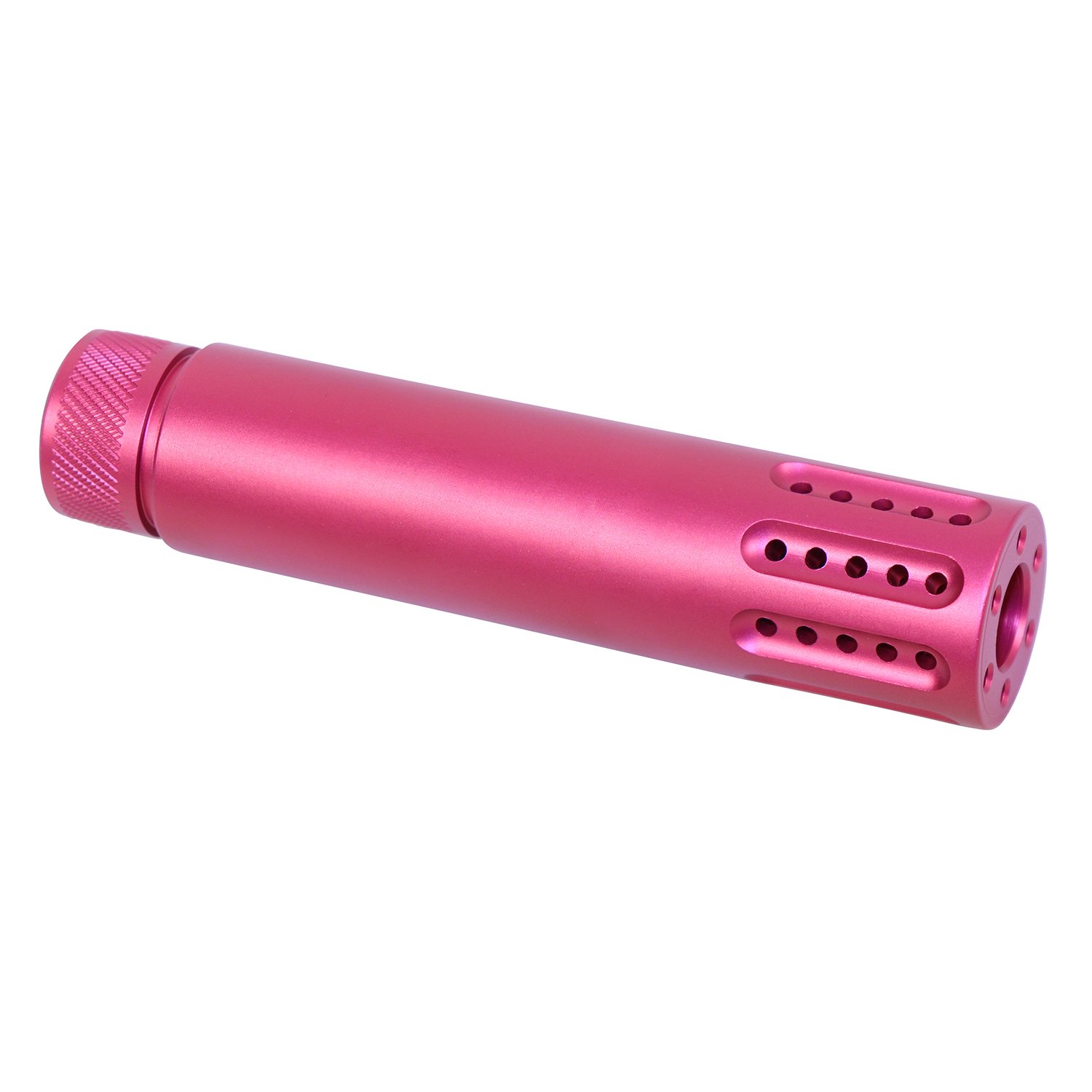 Anodized rose-colored AR-15 muzzle brake with a barrel shroud