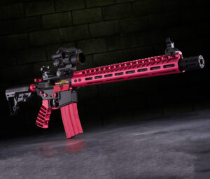 Pink and black tactical rifle with advanced optics on a reflective surface.