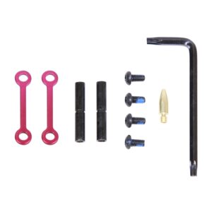 AR-15 Anti-Rotation Pin Set with Red Anodized Finish and Installation Tools.