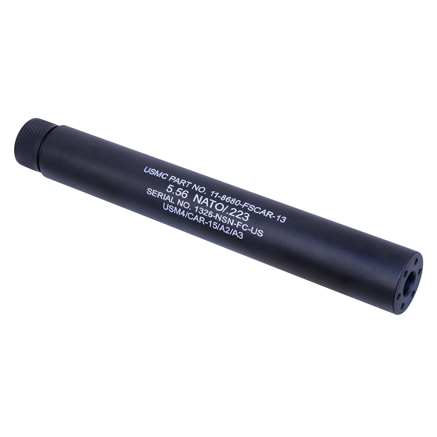 AR-15 black 9-inch mock suppressor with detailed laser engravings, ideal for gun enthusiasts.