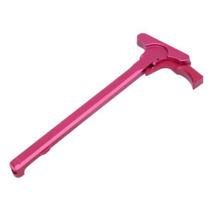 Hot pink AR-15 charging handle with ergonomic grip.
