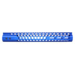 Blue 15-inch Honeycomb M-LOK Handguard for .308 Cal, with Monolithic Top Rail.