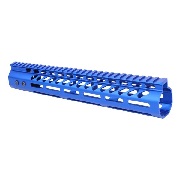 Blue anodized 12-inch Guntec USA M-LOK handguard with top rail for .308 caliber rifles.