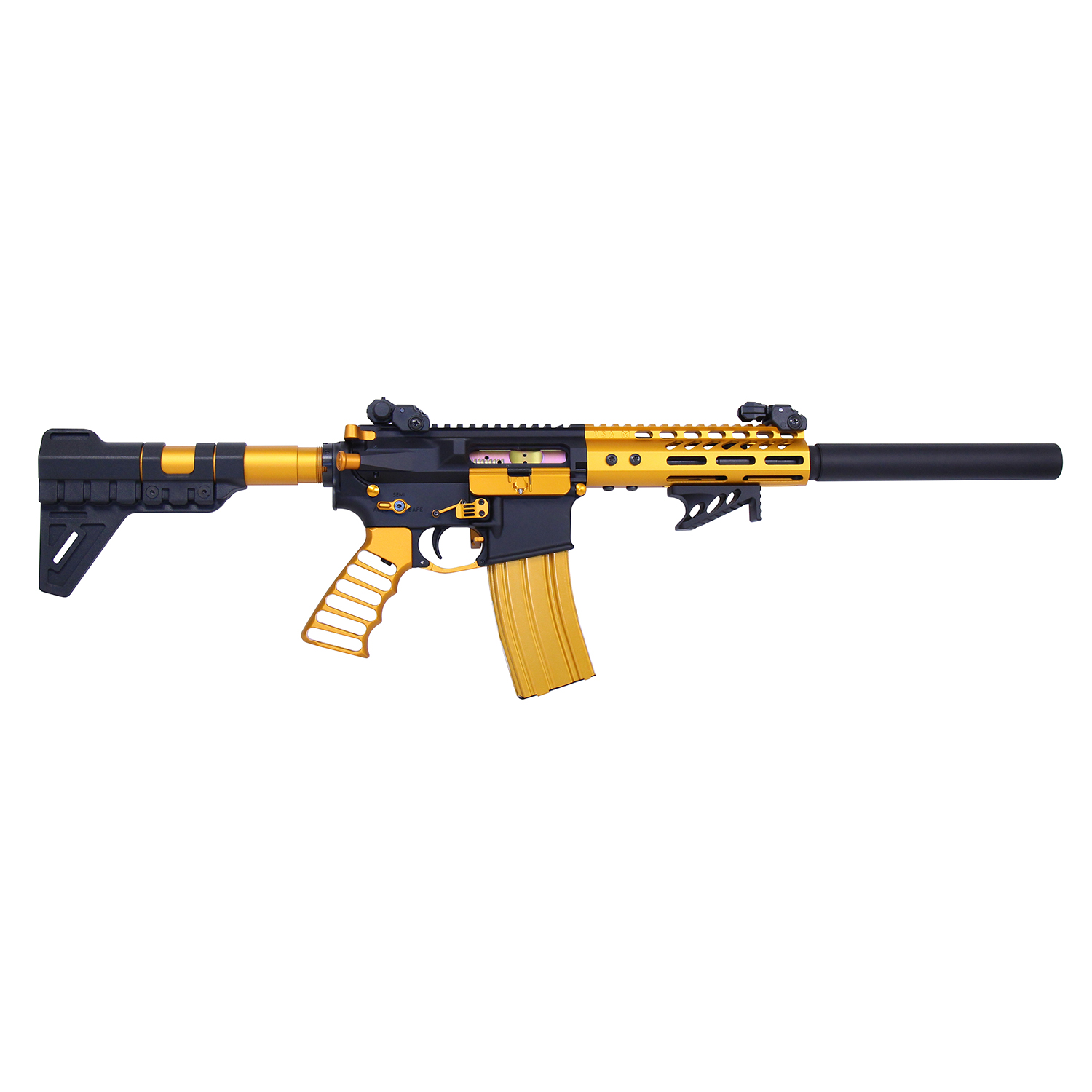 Gold-accented AR-15 rifle with a 9-inch mock suppressor and modern design.