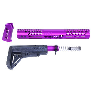 AR .308 Trump Series furniture in anodized purple with tactical handguard and muzzle brake.