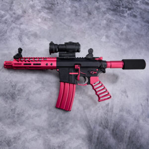 Custom AR Pistol Set in Red and Black with Scope on Textured Background.