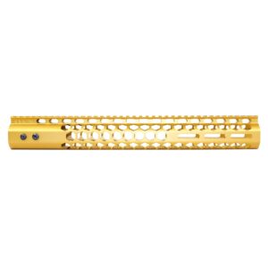 15 Gold Anodized M-LOK Handguard with Honeycomb Pattern and Top Rail for .308 Caliber.