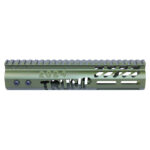 Olive green Trump 2024 engraved handguard with Picatinny rail system.