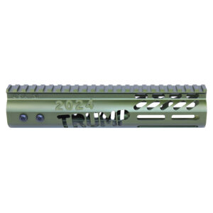 Olive green Trump 2024 engraved handguard with Picatinny rail system.