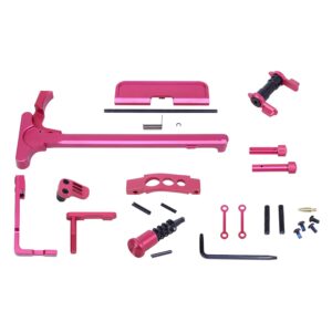 AR-15 accent kit in rose anodization, featuring pink firearm components.