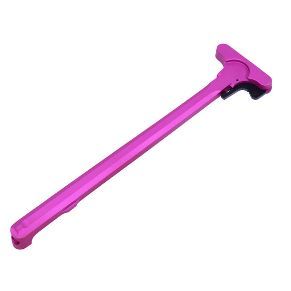 Pink metallic charging handle for AR-15, durable anodized aluminum.