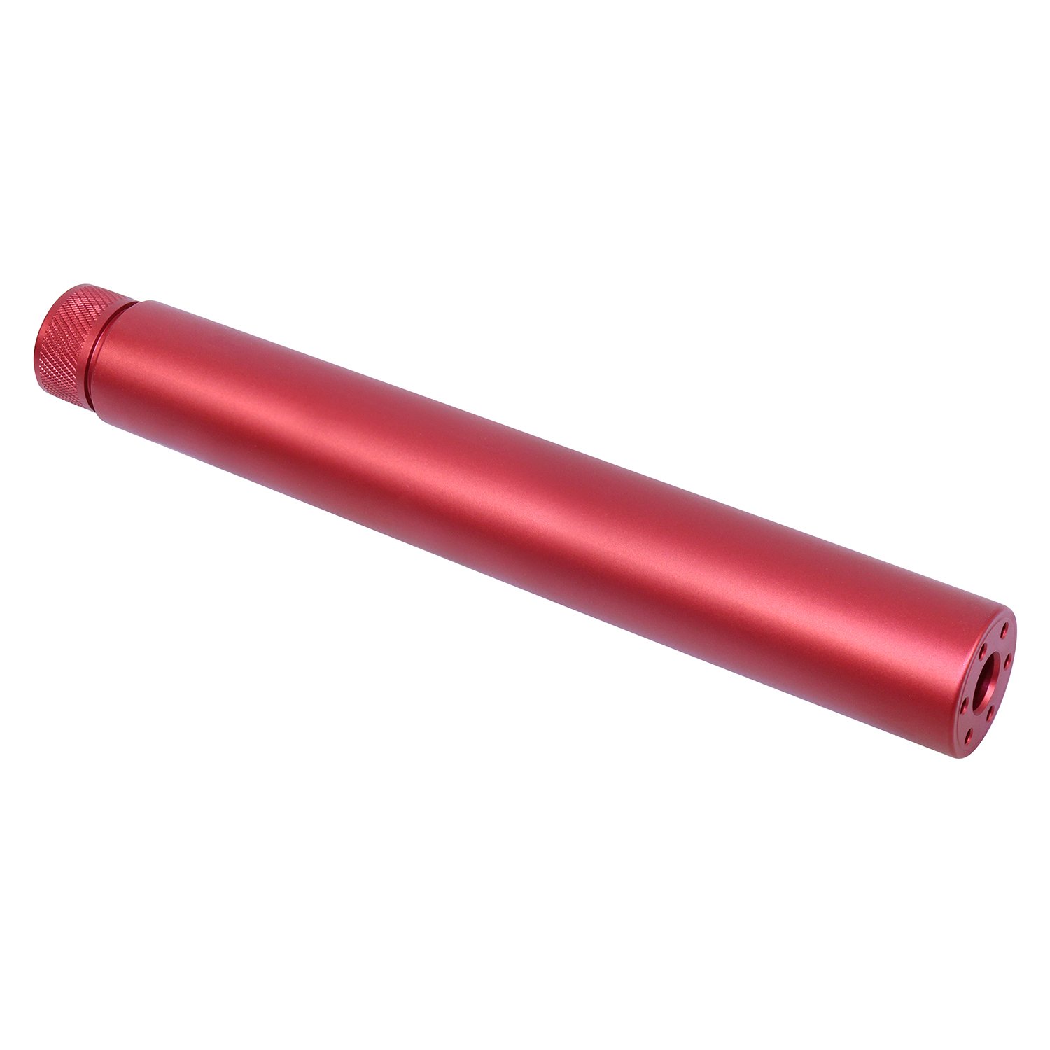 Red anodized AR-15 faux suppressor showcasing sleek design and precision engineering