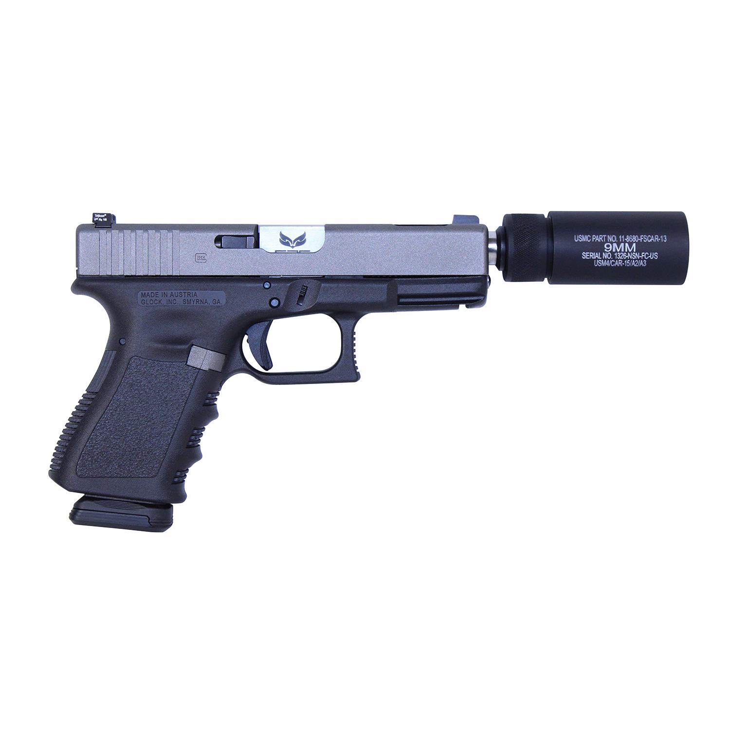 Handgun with a 3-inch anodized black fake suppressor attached, laser-engraved
