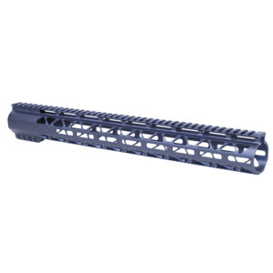 Guntec USA 16.5 blue AR-style free floating handguard with Picatinny rail and triangular cutouts.