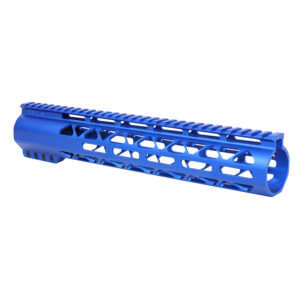 Blue anodized aluminum handguard with M-LOK system and top rail for .308 rifles.