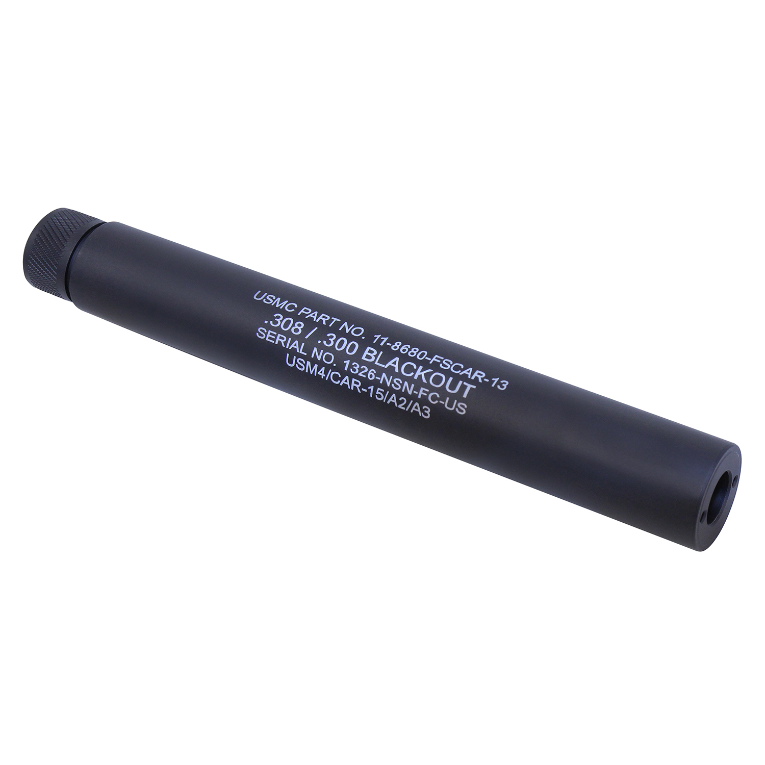 AR .308 Cal 9-inch fake suppressor, anodized black, with laser engravings