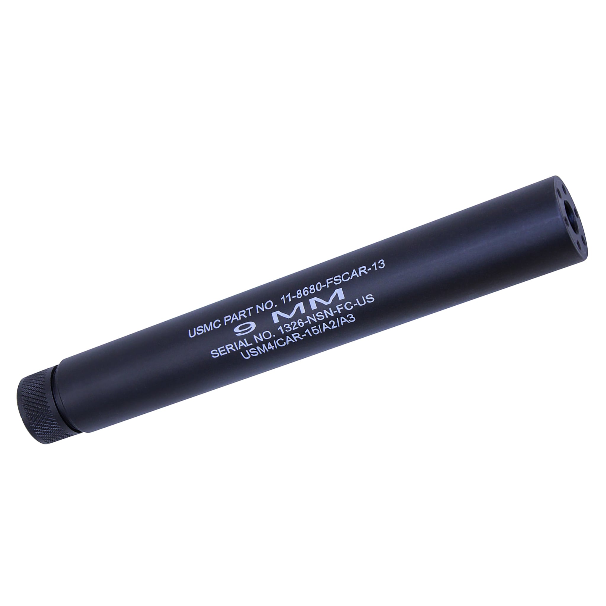 engraved-black-9mm-ar-15-fake-suppressor AR-15 9.0" Fake Suppressor (9mm) (1/2x28) (Anodized Black) (Laser Engraved) - Image 1