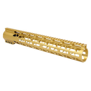 Gold 15-inch Guntec AR308 M-LOK Handguard with Monolithic Top Rail.