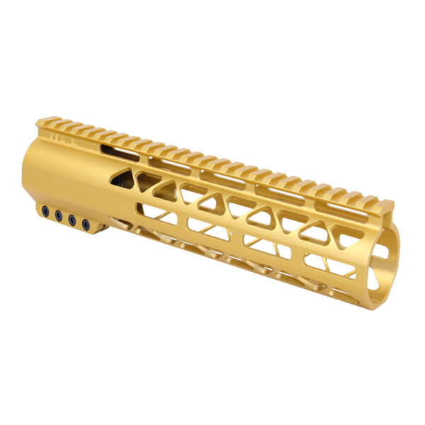 Gold anodized .308 Cal M-LOK handguard with Picatinny rail and triangular cutouts.