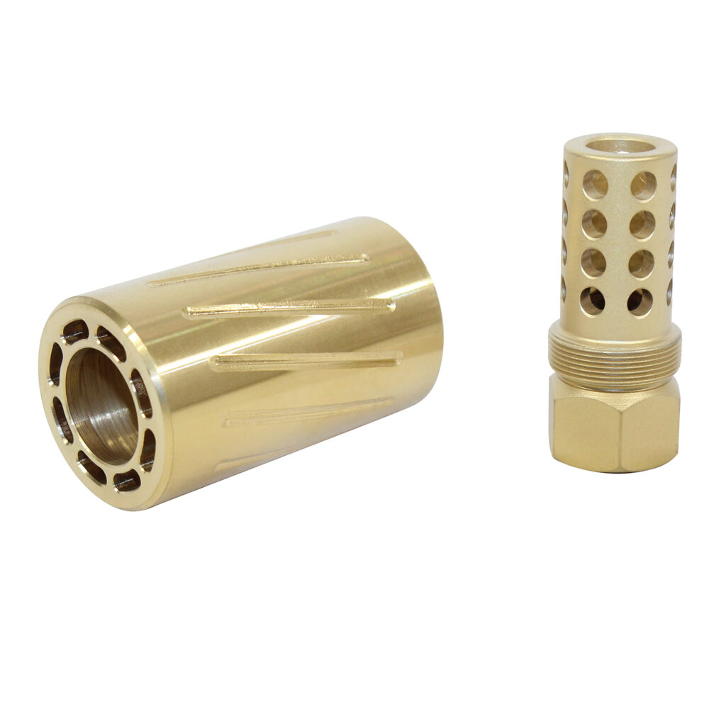 Golden TiN-coated AR 300 Blackout muzzle comp and QD blast shield