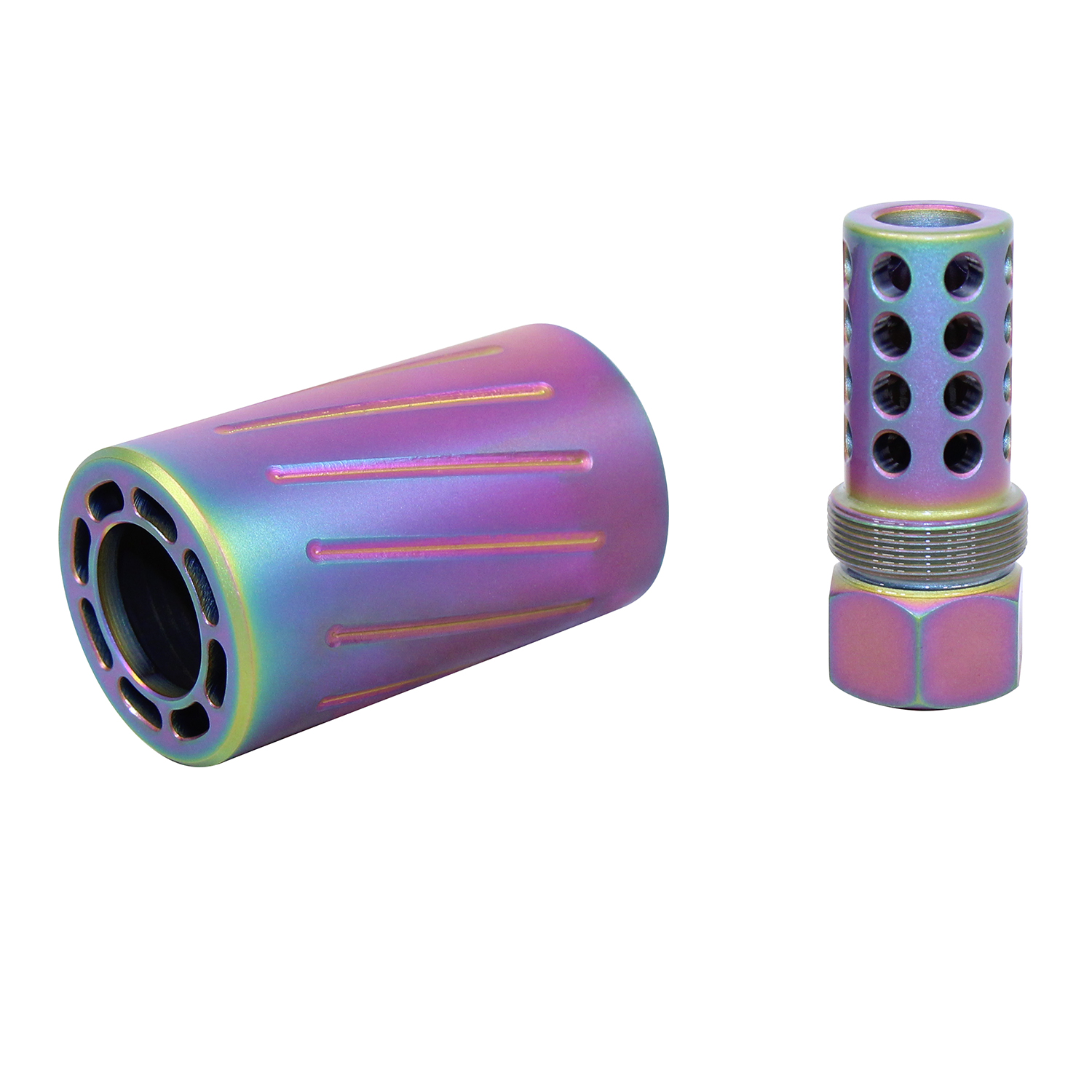 AR 300 Blackout muzzle compensator and QD blast shield with a rainbow PVD finish