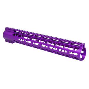 15 purple anodized aluminum M-LOK .308 rifle handguard with monolithic top rail.