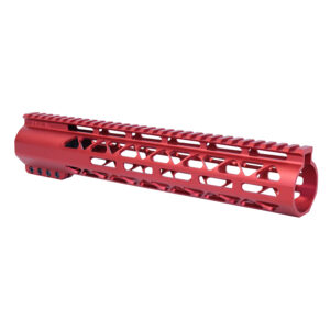 Red anodized 12-inch Guntec USA M-LOK handguard with monolithic top rail for .308 rifles.