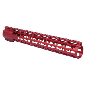 Red 15-inch Guntec USA M-LOK handguard with top rail for .308 rifles, anodized finish.