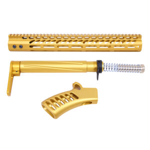 Gold anodized AR-15 tactical furniture set, precision-machined for enthusiasts.