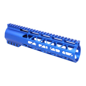 Blue 10-inch Guntec M-LOK handguard for .308 rifles with monolithic top rail.