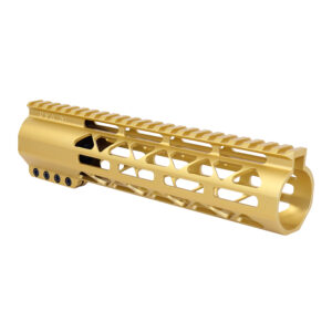 Guntec USA gold 9 .308 Cal M-LOK handguard with top rail.