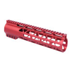 Red anodized Guntec USA 10 M-LOK handguard with Picatinny rail for .308 rifles.