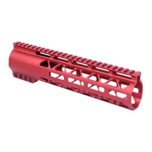 Red anodized Guntec USA 10 M-LOK handguard with Picatinny rail for .308 rifles.