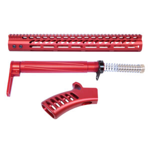 Red AR-15 furniture set with handguard, buffer tube, and grip.