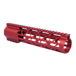 Red 9-inch Guntec M-LOK handguard with top rail for .308 caliber rifles.