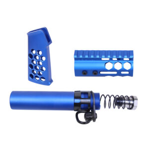 AR-15 blue anodized honeycomb pistol grip and rail components.