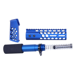 AR-15 blue honeycomb pistol furniture set with stock, handguard, and cheek rest.