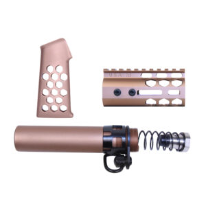 AR-15 bronze honeycomb pistol grip and rail set with accessories.