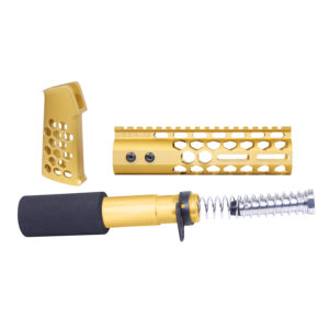 Gold Anodized AR-15 Honeycomb Pistol Furniture Set with Spring and Attachments.