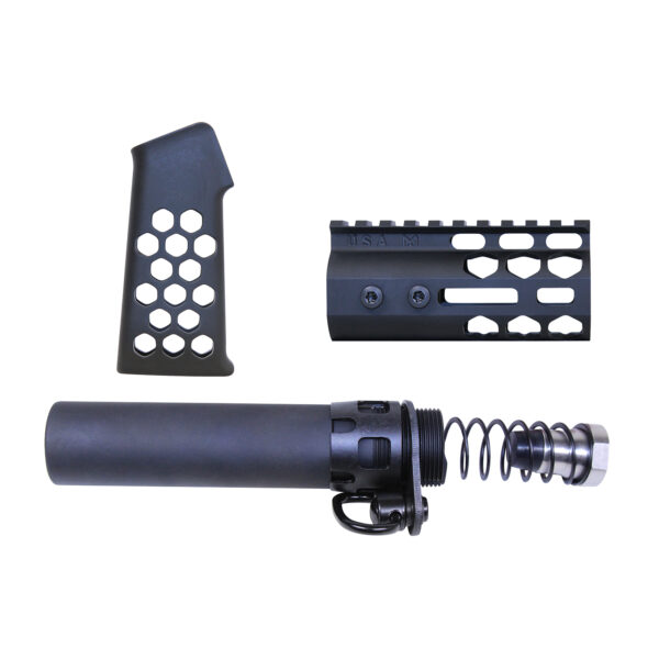 AR-15 Micro Honeycomb Pistol Set in Anodized Black with Hexagonal Cutouts.