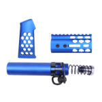 AR-15 blue anodized micro honeycomb pistol furniture set for tactical use.