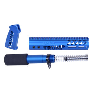 AR-15 Trump Series blue anodized pistol furniture set, showing handguard, grip, and buffer tube.