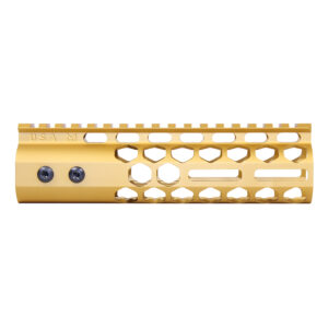 Gold 7-inch Guntec M-LOK Handguard with Honeycomb Cutouts and Top Rail.