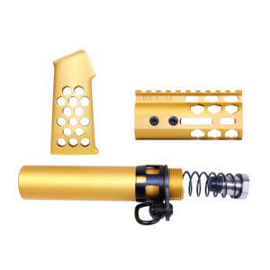 AR-15 gold honeycomb pistol set with ergonomic grip and rail segment.