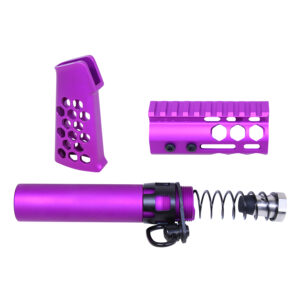 AR-15 purple anodized pistol grip and rail system with recoil buffer.