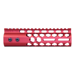 Red 7-inch Guntec M-LOK Free Floating Handguard with Honeycomb Design and Top Rail.