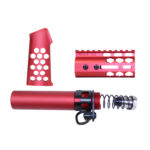 AR-15 red anodized honeycomb pistol furniture set, featuring grip, rail, and buffer tube.